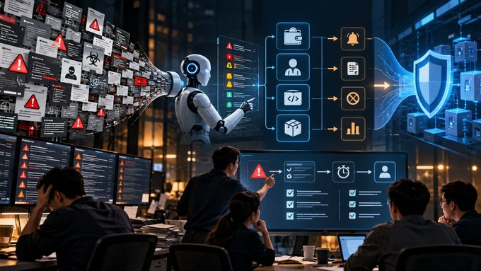 A futuristic digital illustration depicts a robot analyzing alert panels alongside human workers in a dark office, suggesting AI-driven threat detection and workflow automation.