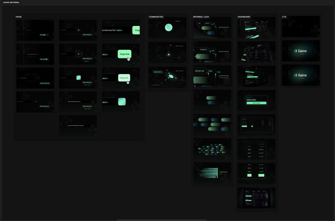 A dark-themed UI design portfolio labeled 'GAMING REFERRAL' displays various green-accented screens for communities, dashboards, and CTAs.