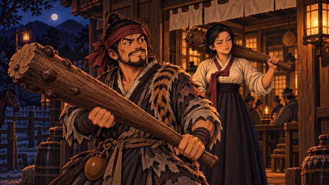 A detailed digital illustration depicting a rugged man with a red headband wielding a spiked wooden club in the foreground, while a woman in traditional Korean hanbok holds a similar weapon behind him in a warmly lit village setting.