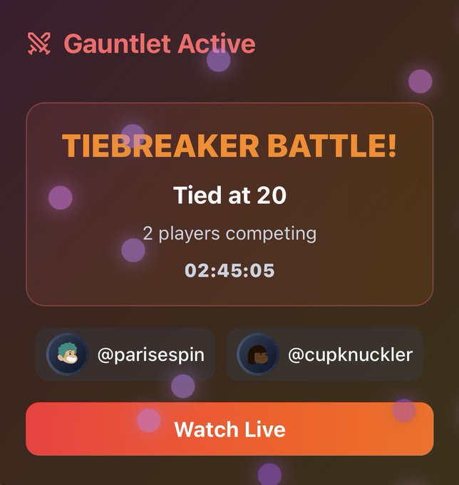 The image features a screen with an orange background that displays information about Tiebreaker Battle, including the current game progress and points for two players who are tied at 20 points each. It also shows a button labeled "Watch Live", suggesting that viewers can click on this feature to watch the ongoing event in real-time or access additional details.
