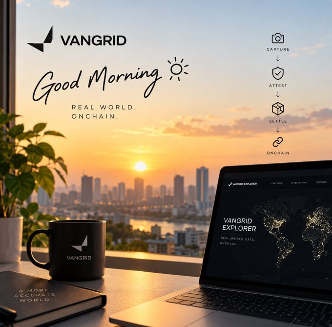 A promotional image for VANGRID featuring 'Good Morning' text, a cityscape at sunrise, a branded mug, and the tagline 'REAL WORLD. ONCHAIN.'