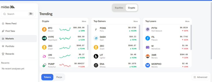 A screenshot of a Midas trading platform interface shows trending crypto markets including BTC, HYPE, ZEC, UNI, and PUMP, along with Top Gainers and Top Losers.