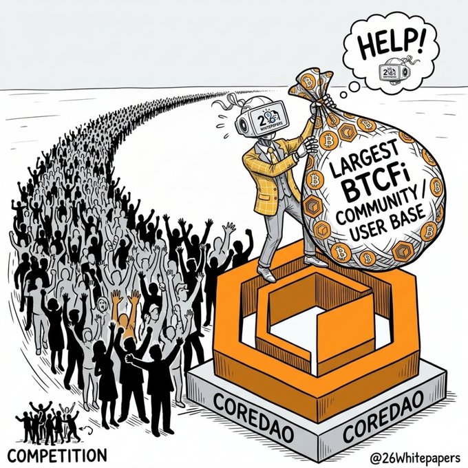 A cartoon illustration depicting a man in a suit and VR headset labeled '2.0 DEVELOPMENT' standing on a 'COREDAO' pedestal holding a large bag of coins labeled 'LARGEST BTCFi COMMUNITY/USER BASE,' while thinking 'HELP!' as a large crowd labeled 'COMPETITION' approaches from behind.
