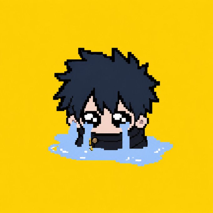 Pixel art of a sad anime-style character with black hair, large teary eyes, and a dark face mask, surrounded by a blue puddle, set against a yellow background.