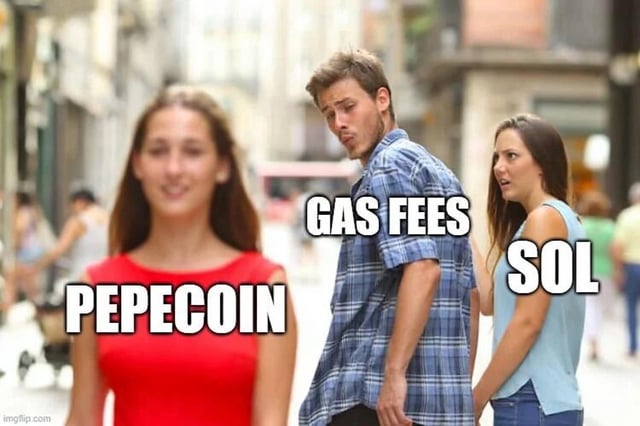 The image shows a man wearing a plaid shirt walking down a city street, with two women standing behind him. One woman has her back turned towards the camera while the other woman looks at the man. The text "Gas fees" appears on the image, and there is also a suggestion for a gas company called "Pepecoin".