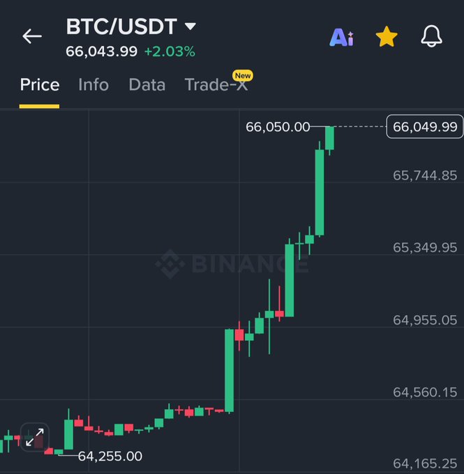 A Binance BTC/USDT price chart shows Bitcoin trading at $66,043.99 (+2.03%), with a candlestick pattern illustrating a sharp rally from a low of $64,255.00 up to $66,049.99. This visually supports the caption's claim that BTC has reclaimed the $66,000 level, though whether it marks a relief bounce or the start of a sustained uptrend remains to be seen.
