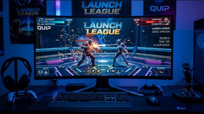 A gaming setup featuring a curved screen displaying 'LAUNCH LEAGUE' by QUIP, showing a fighting game match between 'REVANANT' and 'VANGUARD' with '-18 HP' damage displayed. A keyboard, mouse, headphones, and controller are visible on the desk.