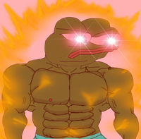 A cartoon/illustration of a muscular figure with glowing red eyes and red headband standing against a fiery orange-red background.
