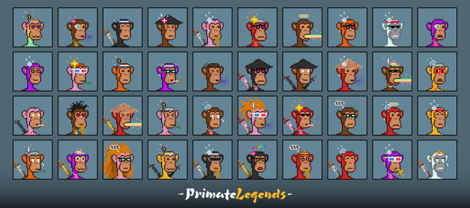 A grid of 40 colorful pixel-art monkey character portraits, each with unique traits, accessories, and expressions, displayed above the stylized "Primate Legends" logo—showcasing the variety of primate clans available to apply for in the NFT collection's whitelist.