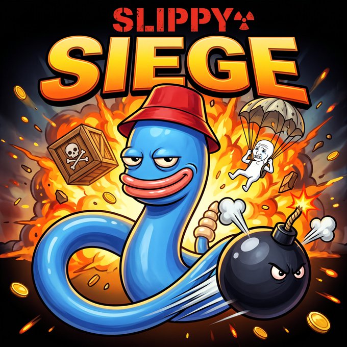 A promotional graphic for the mobile/Steam game "SLIPPY SIEGE" features a cartoonish blue worm wearing a red hat and smoking a cigar, with a bombshell labeled with a radiation symbol, an explosive crate with a skull and crossbones, a parachuting character, and a dynamic background of explosions and flying coins, matching the announcement of the game's development launch on siege.slippy.club.