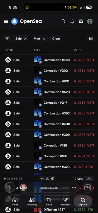 The image shows the OpenSea NFT marketplace on a mobile device, displaying a list of sales and mints for items with "Combustion" and "Corruption" traits, priced in WETH ranging from 0.0255 to 0.0715 WETH. This supports the post's claim that "Corruption traits are getting picked up," as multiple Corruption items (e.g., #202, #247, #185, #160) are actively being sold, confirming strong demand for that trait.