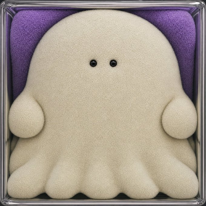 A cute, fluffy white ghost-like character with two black eyes sits inside a clear box with a purple interior background.