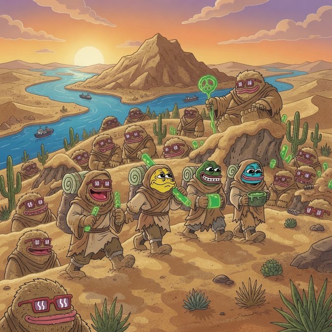 A desert caravan of hooded figures trekking across a sandy landscape, with a leader holding a glowing green staff and others sporting sunglasses, visually represents the $WOLF meme's stoic journey through hardship as referenced in the post's quote about strong men and good times.