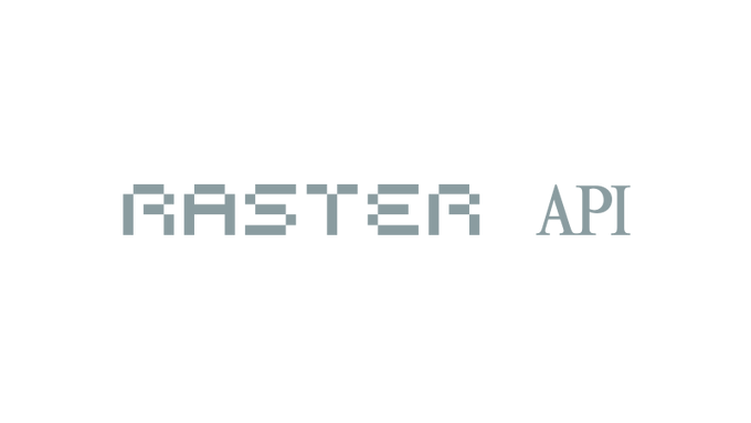 A pixelated logo reading "RASTER API" in light gray, serving as the visual header for the announcement of Raster's new API for accessing their on-chain digital art database.