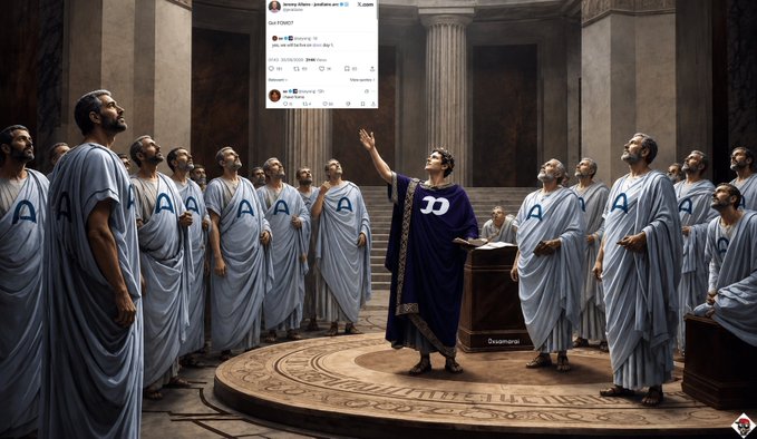 An AI-generated historical painting style illustration of Roman senators in white togas gathered around a central figure in a purple robe, with a fake Twitter post overlay from 'X.com'.