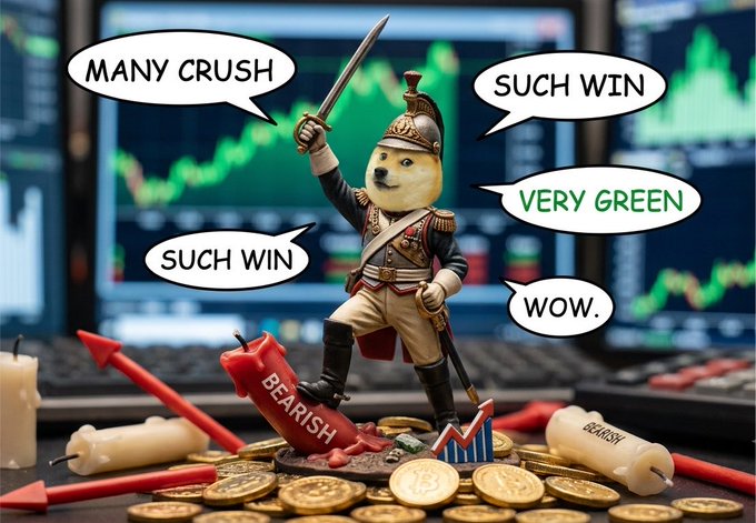 A triumphant Doge dressed as a Napoleonic general stands atop a pile of gold coins, holding a sword aloft while crushing "BEARISH" candles, with speech bubbles declaring "MANY CRUSH," "SUCH WIN," "VERY GREEN," and "WOW" against a backdrop of rising green stock charts—perfectly capturing the bullish $DOGE sentiment of "green days coming, never surrender."