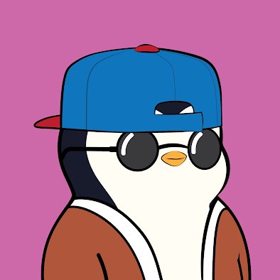 A cartoon penguin character wearing a backwards blue cap, sunglasses, and a brown jacket against a pink background.