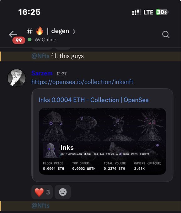 A Discord chat in the #degen channel showing a user named Sarzem sharing an OpenSea link for the 'Inks' NFT collection with a floor price of 0.0004 ETH.
