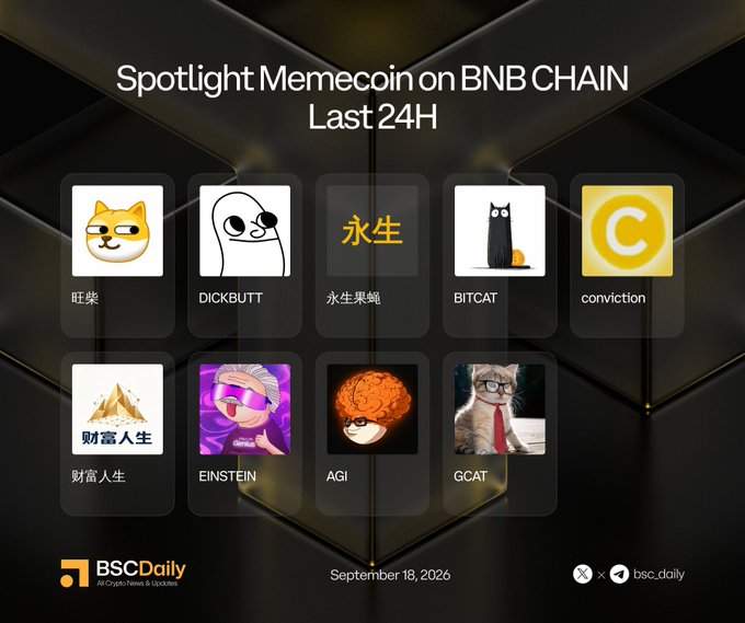 A promotional graphic titled "Spotlight Memecoin on BNB CHAIN Last 24H" by BSCDaily, dated September 18, 2026, displaying nine featured memecoins in a grid layout: 旺柴, DICKBUTT, 永生果蝇, BITCAT, conviction, 财富人生, EINSTEIN, AGI, and GCAT, each with their unique logo and corresponding Twitter handle.