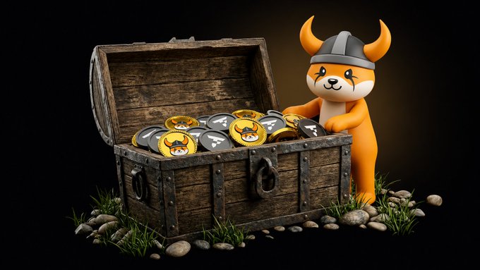 A 3D-rendered orange Shiba Inu-style mascot wearing a Viking helmet stands beside an open wooden treasure chest filled with golden and silver crypto tokens bearing bull and dog emblems.