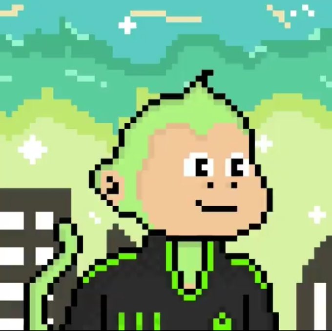 Pixel art portrait of a green-haired character wearing a black and green hoodie, set against a city skyline and green hills with sparkles.