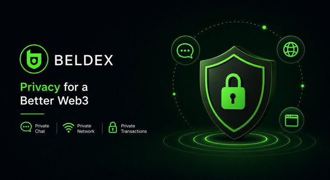 A promotional graphic for BELDEX featuring its green shield-and-lock logo and the tagline 'Privacy for a Better Web3,' highlighting private chat, private network, and private transactions.