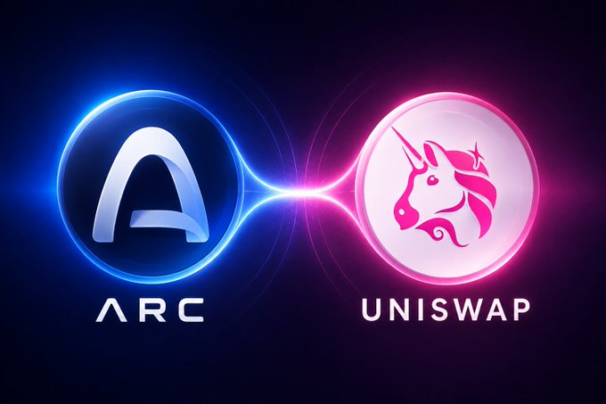 A glowing graphic shows two circular logos connected by a bright energy beam: a blue "ARC" emblem on the left and a pink "UNISWAP" emblem featuring the unicorn on the right, symbolizing the partnership between the stablecoin-focused chain and the leading DEX launching together on September 16.