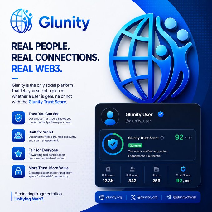 An advertisement for "Glunity" social platform with the tagline "REAL PEOPLE. REAL CONNECTIONS. REAL WEB3." highlighting features like Trust Score verification and showing a user profile with a 92/100 trust score.