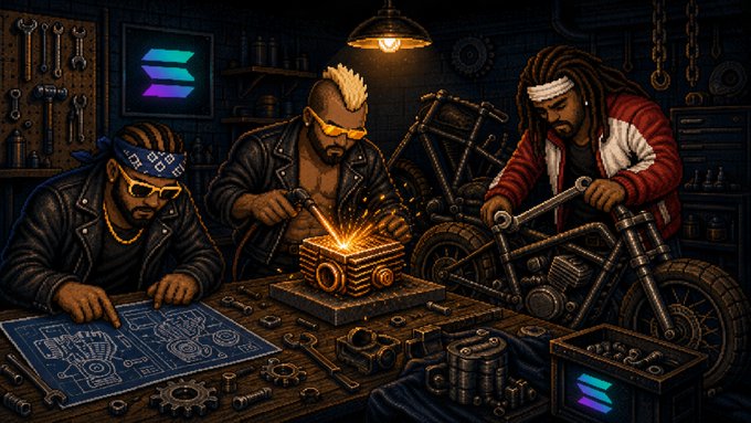 A digital artwork depicting three men in a workshop repairing a motorcycle and mechanical parts, with a Solana logo displayed on the wall and a blueprint on the table.