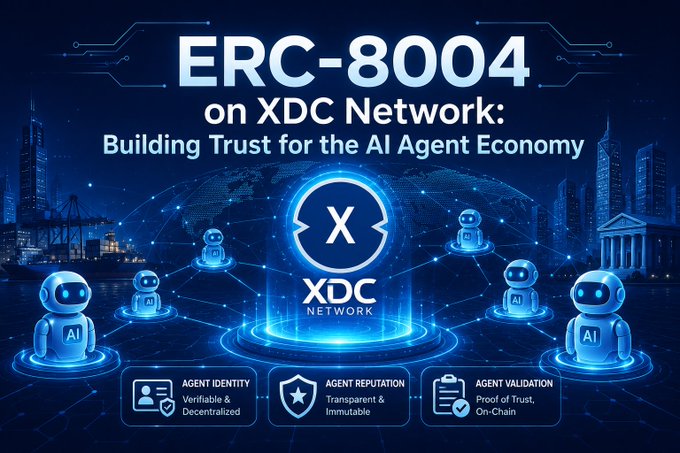 The image features a blue background with white text that reads "ERC-8004 on XDC Network: Building Trust for the AI Agent Economy". The text also includes several icons representing different aspects of the emerging AI Agent Economy, such as an x in the center and a shield symbolizing trust.