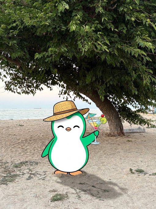 A cartoon penguin wearing a straw hat and holding a cocktail glass stands on a sandy beach under a leafy tree.