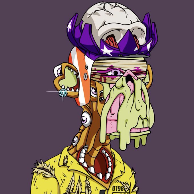 A colorful, surreal cartoon character features multiple eyes, a dripping green face, a purple spiked hat with stars, and a yellow shirt marked '0198'.