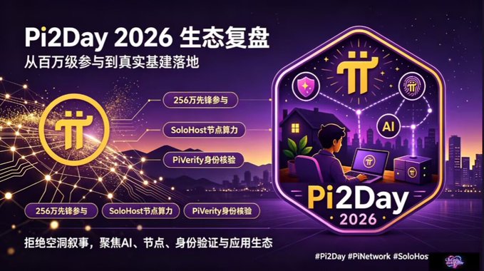 A promotional banner for 'Pi2Day 2026' featuring Chinese text about ecosystem review, highlighting 2.56 million pioneers, SoloHost nodes, and PiVerify.