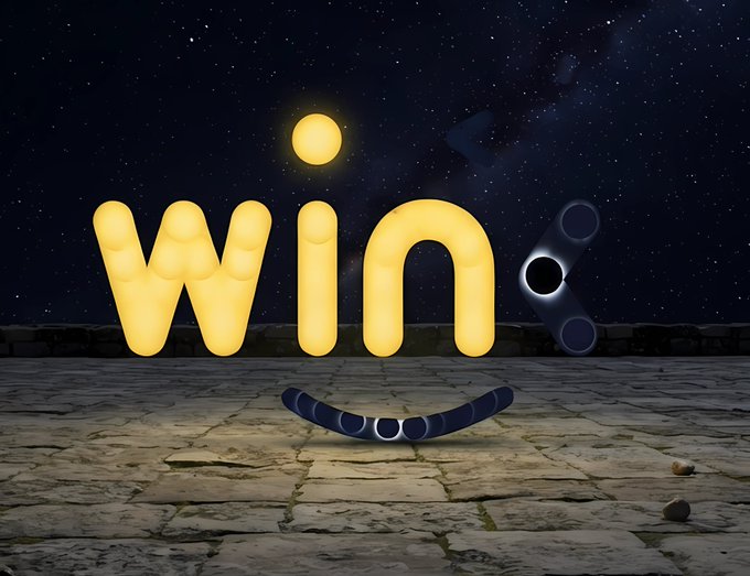 A 3D rendered scene with glowing yellow 'win' text, a small yellow sphere, and dark capsule-like objects against a starry night sky on a stone floor.