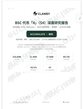 A Clawby research report cover titled 'BSC 币咚 (S4) 深度研究报告' (BSC $DONG Depth Research Report) by MetaScan | CodexOn, dated 2024-10-30, with financial metrics including $19.84M and -93.5%.