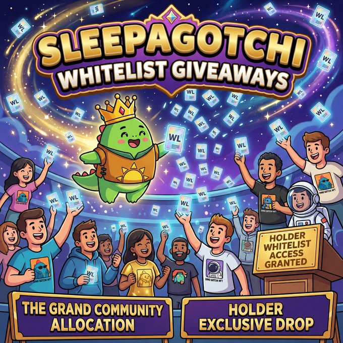 Colorful promotional poster for "SLEEPAGOTCHI WHITELIST GIVEAWAYS" featuring a crowned green mascot character surrounded by a cheering crowd holding "WL" cards, with banners reading "THE GRAND COMMUNITY ALLOCATION," "HOLDER WHITELIST ACCESS GRANTED," and "HOLDER EXCLUSIVE DROP."