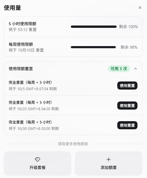 A Chinese-language usage statistics screen showing 5-hour and weekly usage quotas with remaining percentages and reset times, along with options to upgrade the plan or add more quota.