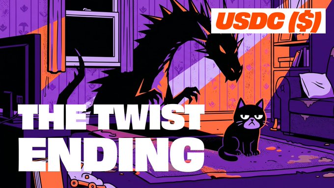 The image features a cartoon cat sitting on a rug with a purple dragon standing behind it, both facing each other. The text "THE TWIST Ending" is written above them, indicating that this is part of an ongoing campaign or series related to USDC.