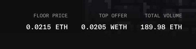 A dark dashboard displaying NFT market statistics: 'FLOOR PRICE 0.0215 ETH', 'TOP OFFER 0.0205 WETH', and 'TOTAL VOLUME 189.98 ETH'.