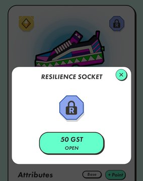 A mobile game interface displaying a pop-up window titled 'RESILIENCE SOCKET' with a '50 GST OPEN' button, showing a colorful patterned sock above the dialog.