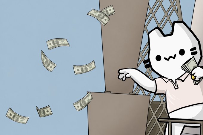 A cartoon illustration of a white cat character in a pink shirt throwing dollar bills in the air from what appears to be a rooftop or building ledge.