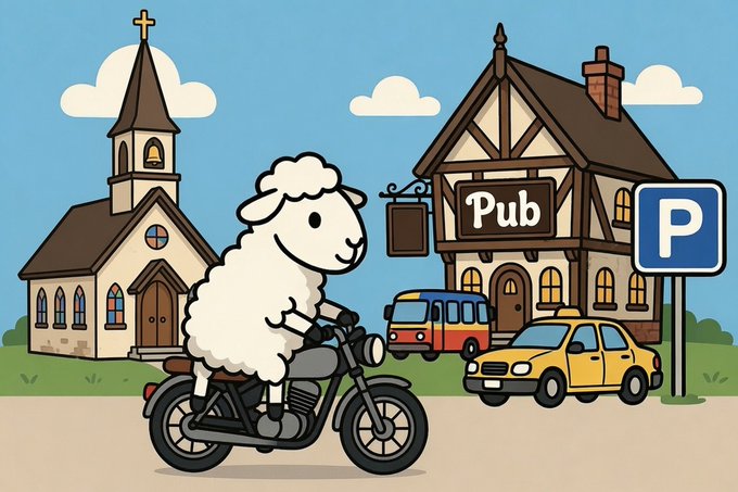 A cartoon illustration depicts a sheep riding a motorcycle past a church, a pub, a yellow car, and a blue bus, with a parking sign on the right.