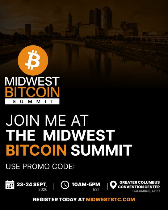 Promotional flyer for the Midwest Bitcoin Summit taking place September 23-24, 2026, from 10AM-5PM EST at the Greater Columbus Convention Center in Columbus, Ohio. The flyer features the Bitcoin logo and a cityscape image, directing viewers to register at MIDWESTBTC.COM.