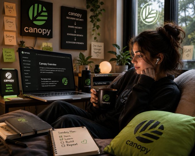 A young woman relaxes on a couch surrounded by "Canopy" branded items, holding a branded mug while viewing a laptop screen displaying "Canopy Overview," with a notebook listing a "Sunday Plan: Docs, Learn, Build, Repeat" — visually echoing the post's theme of trading market charts for Canopy Network documentation on a relaxed Sunday.