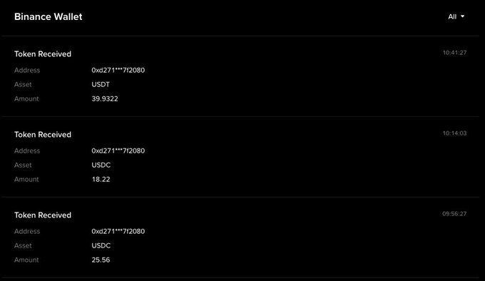 Screenshot of a "Binance Wallet" transaction history showing three "Token Received" entries to address 0xd271***7f2080, including 39.9322 USDT at 10:41:27, 18.22 USDC at 10:14:03, and 25.56 USDC at 09:56:27.