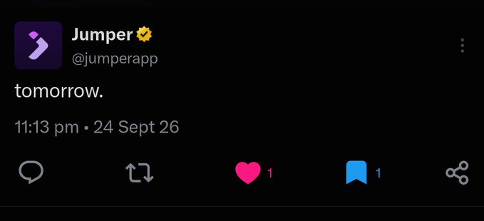 A screenshot of a social media post from the verified account 'Jumper' (@jumperapp) that simply reads 'tomorrow.' posted at 11:13 pm on 24 Sept 26.
