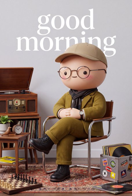 A 3D-rendered cartoon character with round glasses and a cap, dressed in an olive green suit and scarf, sits in a vintage chair surrounded by records and a chessboard, with 'good morning' text above.