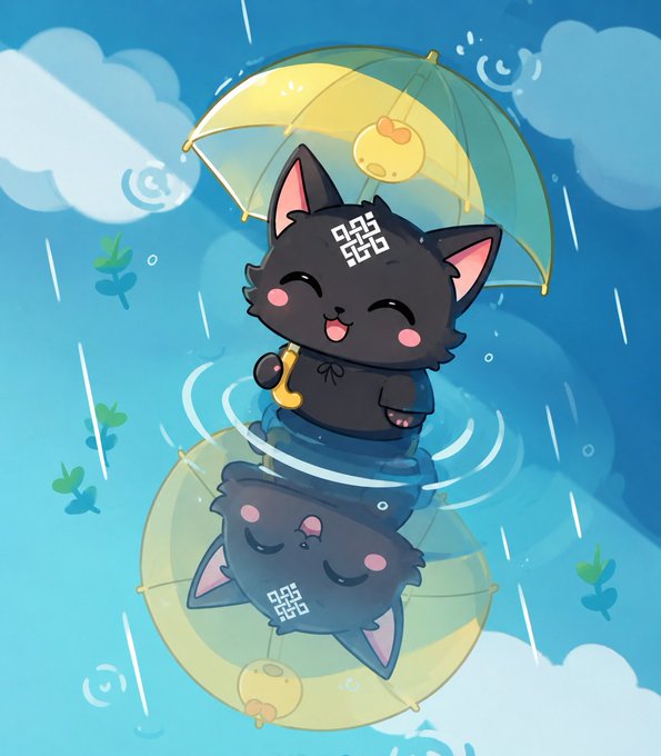 A cute cartoon illustration of a smiling black cat with a QR code on its forehead, holding a yellow umbrella and standing on water with its reflection, set against a rainy blue background.