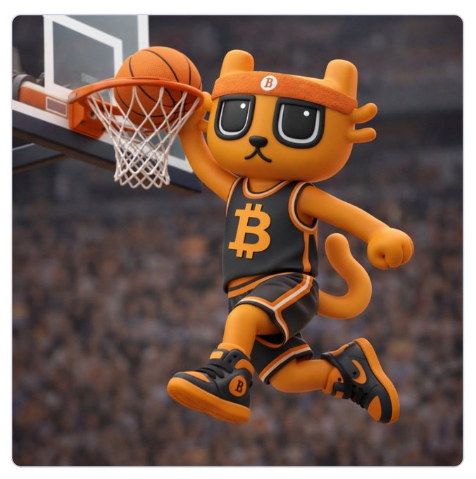 A 3D cartoon orange cat wearing a black basketball jersey with the Bitcoin 'B' logo dunks a basketball in a crowded arena.