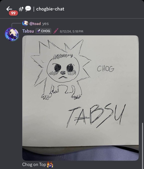 A photo of a Discord post in #choggie-chat shows a hand-drawn “CHOG” creature labeled “TABSU,” dated 8/12/24 at 5:18 PM. The caption frames it as the creator’s first Chog message and the beginning of a larger “CHOG. WORLD. ORDER.” story.